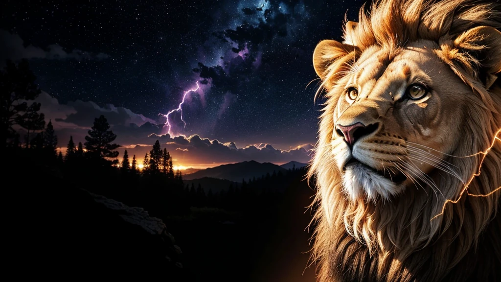 Lion, Divine Lion, naturals, Thunders, Realistic Lion, rey, realistic detailed, Sunset Light, Sky, Night Sun, realistic detailed 16K, Eletricidade Detalhada 8K, Texturas realistas de 8K, Cores photorrealistic 8K, fire azul, realistic detailed Fire Bolt, Sky Light Detailed, Power of thunder, Divine realistic, golden crown, golden crown, golden crown, naturey, Linda, Rendering, photorrealistic, UltraHigh definition, 4K, detailed textures, thunder, detailed shadows, detailed colors, neon blue, blue light, lightnings, blue power, naturey Linda, Great Divine, Peaceful Face, naturalss, lightning, Electric Power Screw, detailed contrast, realistic contrast, high resolution, detailed colors, fire, villany, divine creature, 8K FullHD, realistic detailed, 16K, 8K, High definition, detailed contrast, realistic contrast, high resolution, detailed colors, fire, villany, divine creature, 8K Realistic Lion Face, realistic detailed, posh, elegance