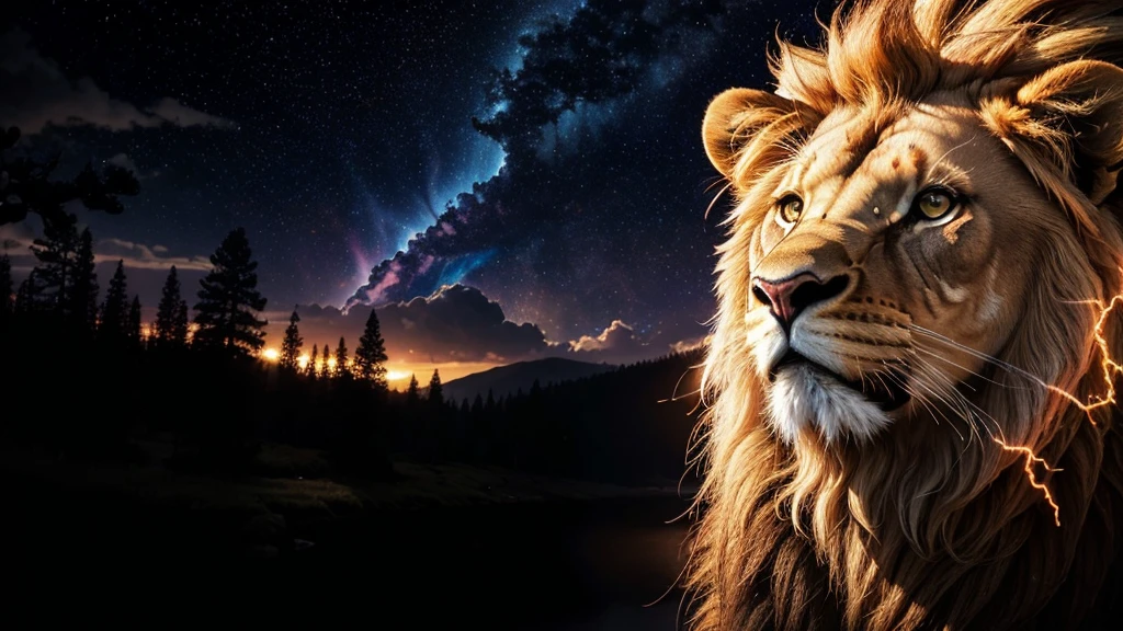 Lion, Divine Lion, naturals, Thunders, Realistic Lion, rey, realistic detailed, Sunset Light, Sky, Night Sun, realistic detailed 16K, Eletricidade Detalhada 8K, Texturas realistas de 8K, Cores photorrealistic 8K, fire azul, realistic detailed Fire Bolt, Sky Light Detailed, Power of thunder, Divine realistic, golden crown, golden crown, golden crown, naturey, Linda, Rendering, photorrealistic, UltraHigh definition, 4K, detailed textures, thunder, detailed shadows, detailed colors, neon blue, blue light, lightnings, blue power, naturey Linda, Great Divine, Peaceful Face, naturalss, lightning, Electric Power Screw, detailed contrast, realistic contrast, high resolution, detailed colors, fire, villany, divine creature, 8K FullHD, realistic detailed, 16K, 8K, High definition, detailed contrast, realistic contrast, high resolution, detailed colors, fire, villany, divine creature, 8K Realistic Lion Face, realistic detailed, posh, elegance