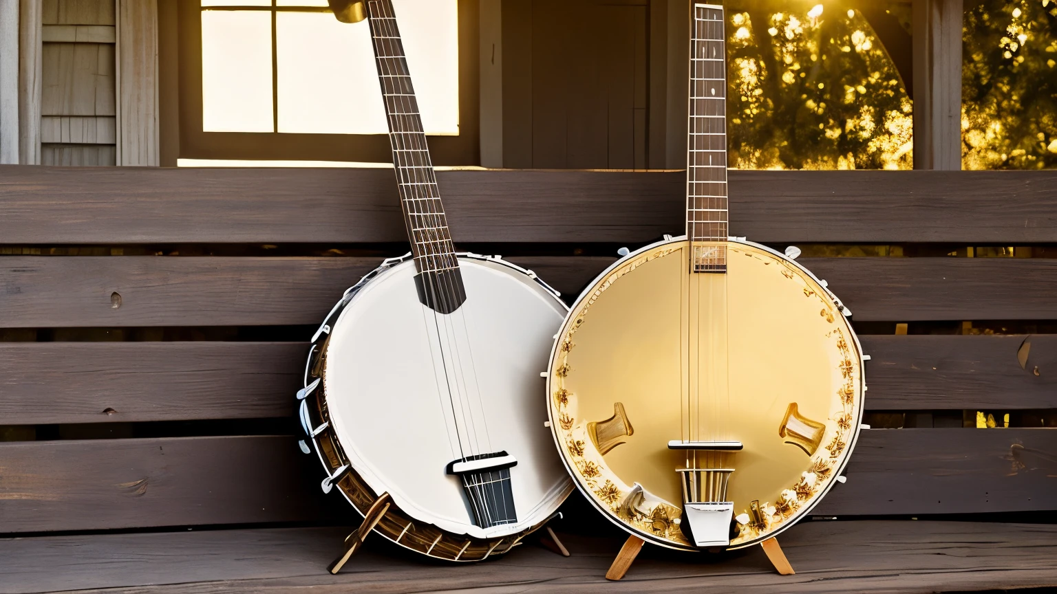 Tranquil Southern Setting: Create an image of a gleaming banjo resting on a weathered wooden porch behind a typical Southern farmhouse. The setting sun casts a soft golden light on the instrument, highlighting the details of its artisanal construction.