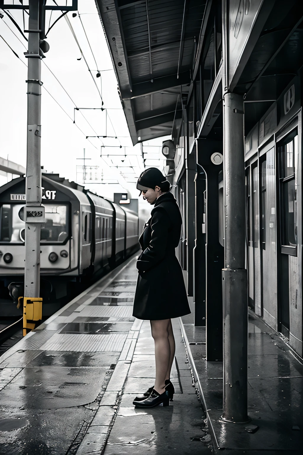 lonely woman waiting for the train, black and white, vintage train station