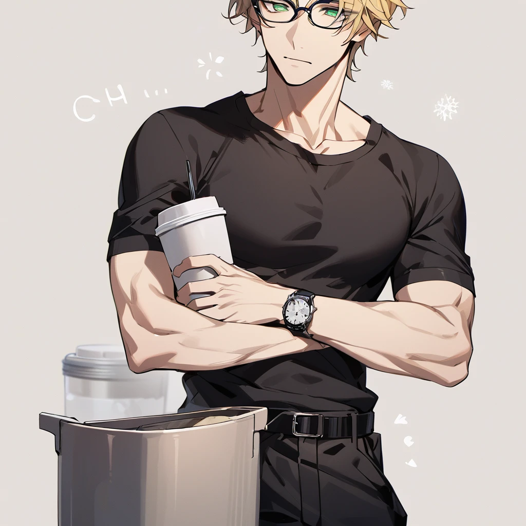 A beautiful young man, sunflower blonde hair, green eyes, snow white skin, slightly muscular, wears a black short-sleeved t-shirt with a round neck, along with glasses. The pants are light beige and are fastened with a black belt. On the left wrist, notice a silver watch. The right hand holds what appears to be a cup or container with a lid.