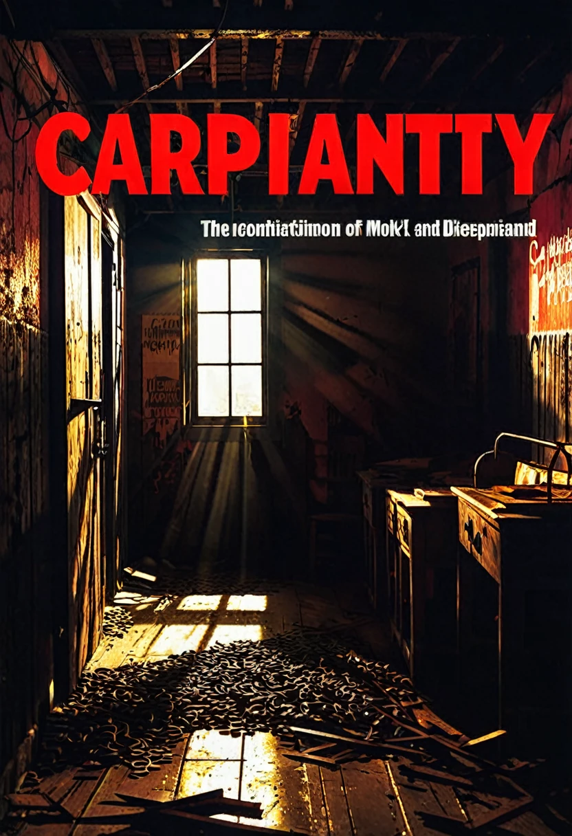 **Film Title:** "captivity"

**Poster Description:**

The background of the poster is dominated by an old, abandoned room, illuminated by a dim light that enhances the shadows and gloomy atmosphere. En el centro de la imagen, in a scene far from the camera, There&#39;s a man with his arms tied back to a chair, bound by a handcuff that glows in the dim light. he is shirtless, visibly injured and with marks of violence, suggesting he was  and brutalized. A blood-stained cloth bag covers his head, hiding your face and increasing the suspense.

Room details reveal old, dusty furniture, peeling walls and a broken window, reinforcing the feeling of abandonment and despair. Dramatic lighting plays with shadows, creating a contrast between light and dark that intensifies the atmosphere of terror.

Above the scene, in harrowing red letters, is the title "captivity", conveying a feeling of imprisonment and despair. down, in smaller letters, "A psychological thriller", contextualizes the film’s genre.

The poster set vividly and disturbingly captures the essence of a psychological thriller, promising an intense and exciting experience for viewers.