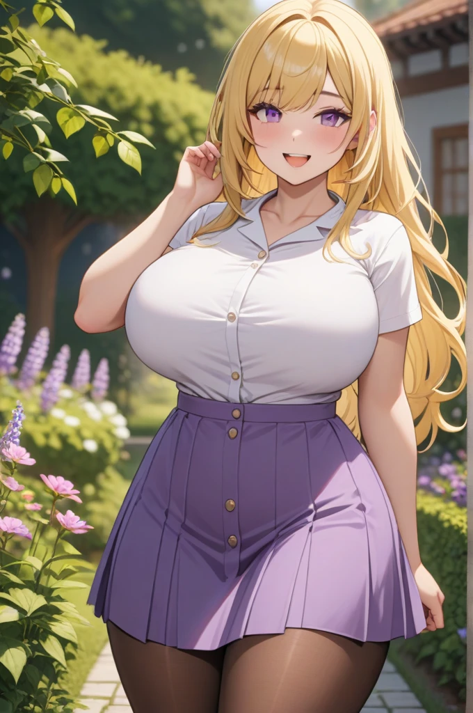 1 girl, purple eyes, pastel yellow hair, wide, the hair covers one eye, wide, big breasts, big thighs, white button down t-shirt, purple skirt, brown pantyhose, beautiful smile, Open mouth, garden, looking at the viewer, Masterpiece, Best Quality, very aesthetic, absurdities, The newest one, intricate details, intricate, Generated AI