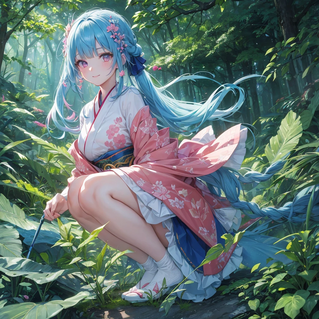 sky Blue hair, (braided ponytail),(pink eyes),fair skin ,(full body),1 girl,smile,white red kimono,Fresh green forest,Forest Goddess,Straight Bangs,(masterpiece, best quality, ultra-detailed, best shadow), (detailed background), (beautiful detailed face), high contrast, (best illumination, an extremely delicate and beautiful), ((cinematic light)), colorful, hyper detail, dramatic light, intricate details,guardian of the forest,Leaf Blizzard,high quality,