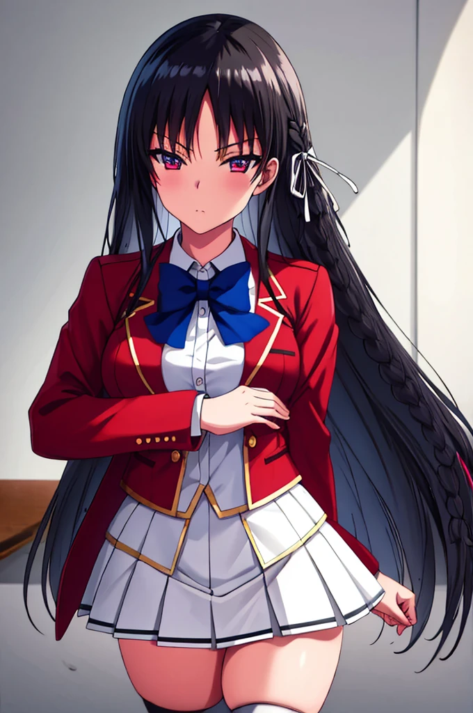 (masterpiece:1.3), (best quality:1.1), (8k, ultra detailed, ultra high res:1.2), (anime style), perfect 5 fingers, perfect ???????, arms behind back,
1girl,
Suzune Horikita,
Suzune Horikita \(youjitsu\),
BREAK long hair, braid,
black hair,
red eyes, (focus detailed eyes:1.2),
blue bow,
(medium breasts:0.9),
BREAK red jacket, long sleeves, white skirt, pleated skirt, black thigh-high socks,
looking at viewer,
cowboy shot,
perfect light, indoor, class room,