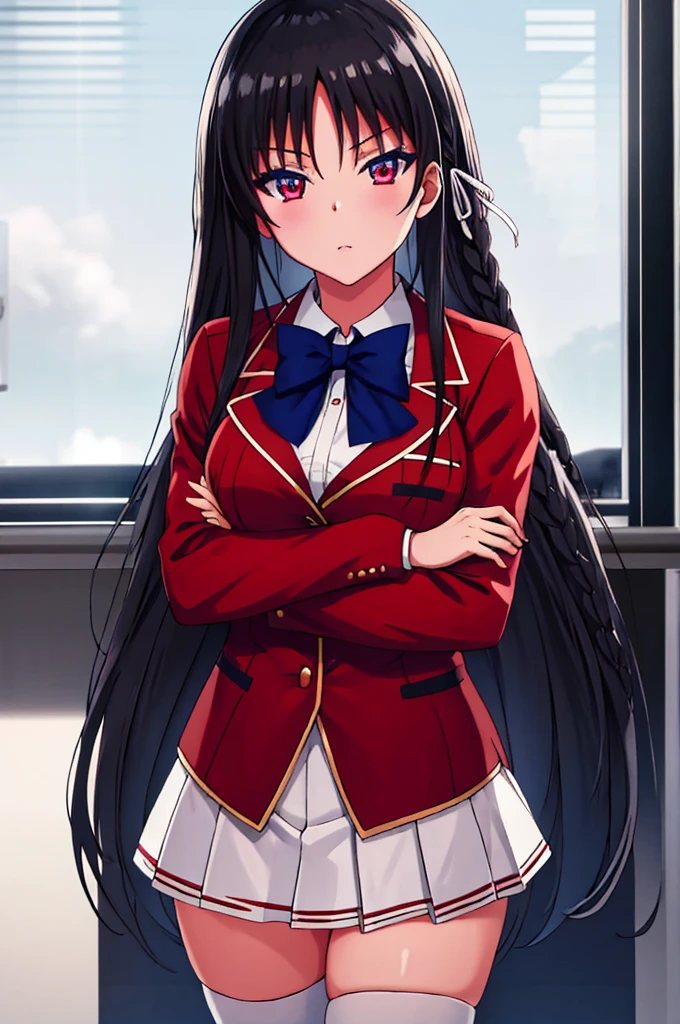 (masterpiece:1.3), (best quality:1.1), (8k, ultra detailed, ultra high res:1.2), (anime style), perfect 5 fingers, perfect anatomy, arms behind back,
1girl,
Suzune Horikita,
Suzune Horikita \(youjitsu\),
BREAK long hair, braid,
black hair,
red eyes, (focus detailed eyes:1.2),
blue bow,
(medium breasts:0.9),
BREAK red jacket, long sleeves, white skirt, pleated skirt, black thigh-high socks,
looking at viewer,
cowboy shot,
perfect light, indoor, class room,