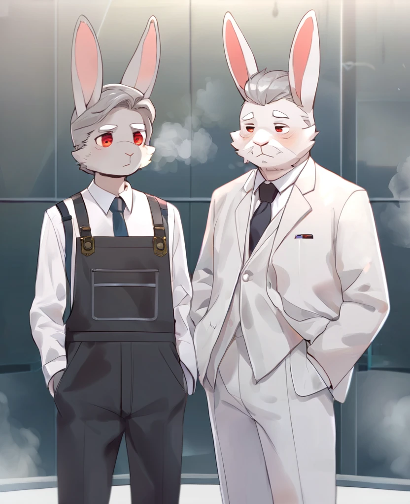 rabbit,personification,Mature male,grandfather,Gray hair,naked,Sleepy and hazy,Red pupil,White eyebrows,White suit suit,Black overalls,Hands in pockets,The Age of Steam,office。
