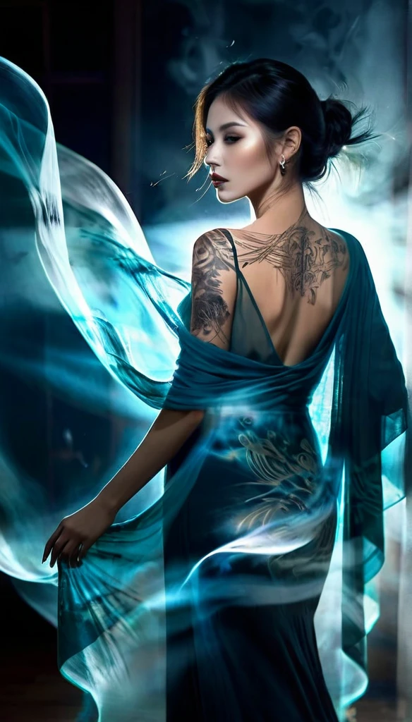 Double Exposure Style,Volumetric Lighting,a girl (Supermodel) with Wrap top,arching her back, beautiful tattoo, Traditional Attire,Artistic Calligraphy and Ink,light depth,dramatic atmospheric lighting,Volumetric Lighting,double image ghost effect,image combination,double exposure style,