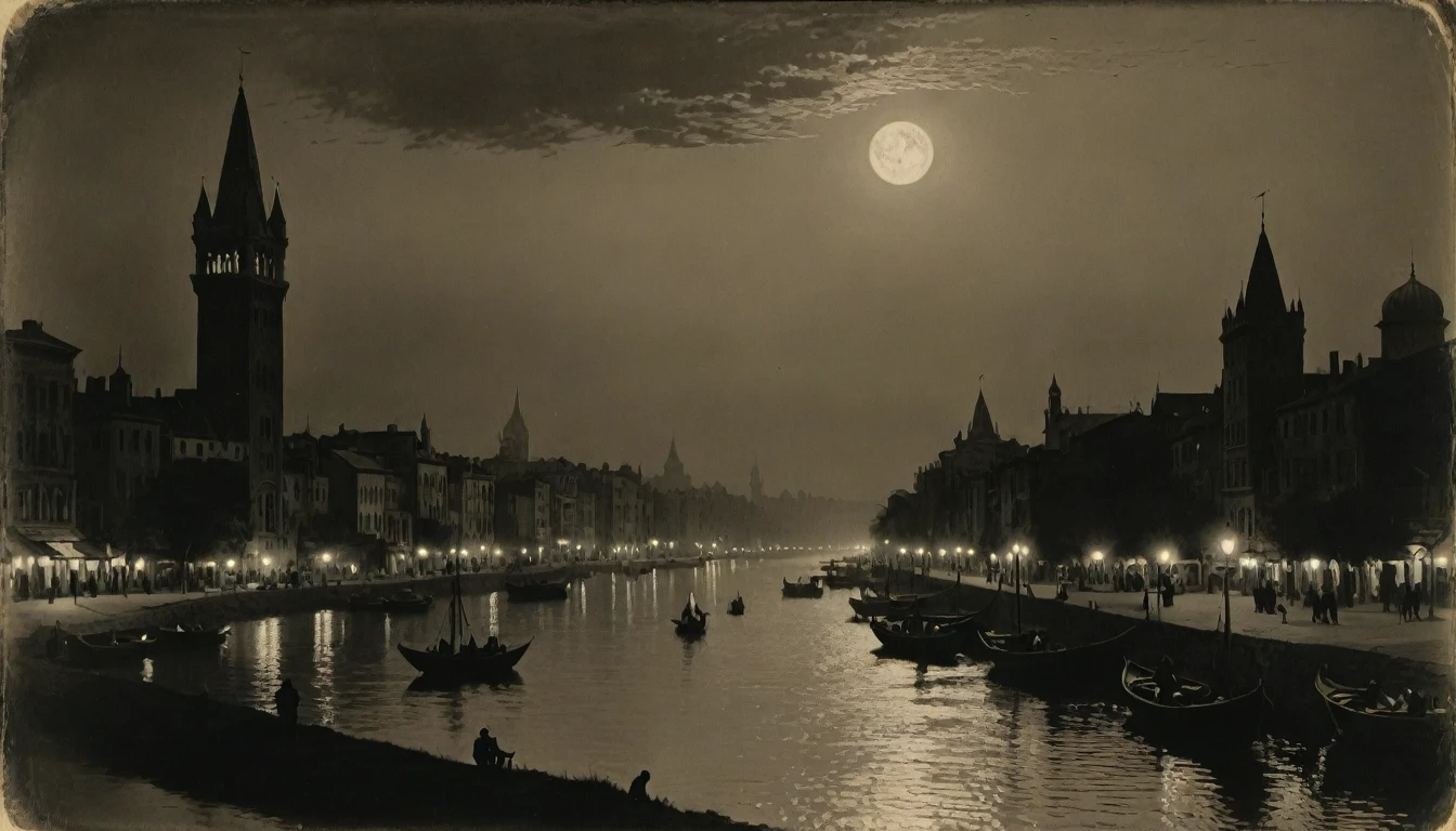 {{monochrome daguerreotype on old paper}}, by, ( by Moebius Jean Giraud), (by James McNeill Whistler), the composition is: (((the distant Dusk view of a high towered metropolis with Byzantine, Mughal and Baroque elements, minarets, bridges made of jewels))), ((there are two moons in the skies, in a river of lurid waters, in a jungle that is tropical, lush, with boats, lanterns and moths flying))