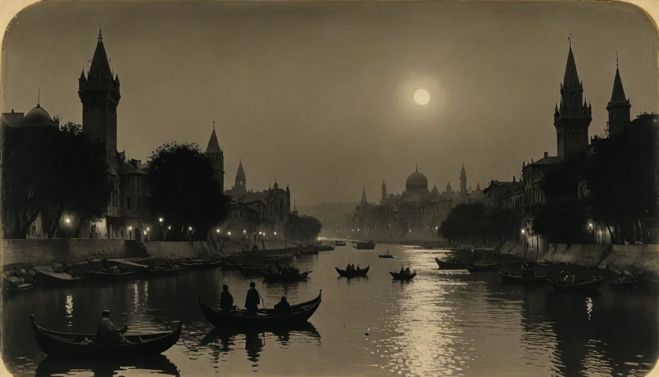 {{monochrome daguerreotype on old paper}}, by, ( by Moebius Jean Giraud), (by James McNeill Whistler), the composition is: (((the distant Dusk view of a high towered metropolis with Byzantine, Mughal and Baroque elements, minarets, bridges made of jewels))), ((there are two moons in the skies, in a river of lurid waters, in a jungle that is tropical, lush, with boats, lanterns and moths flying))