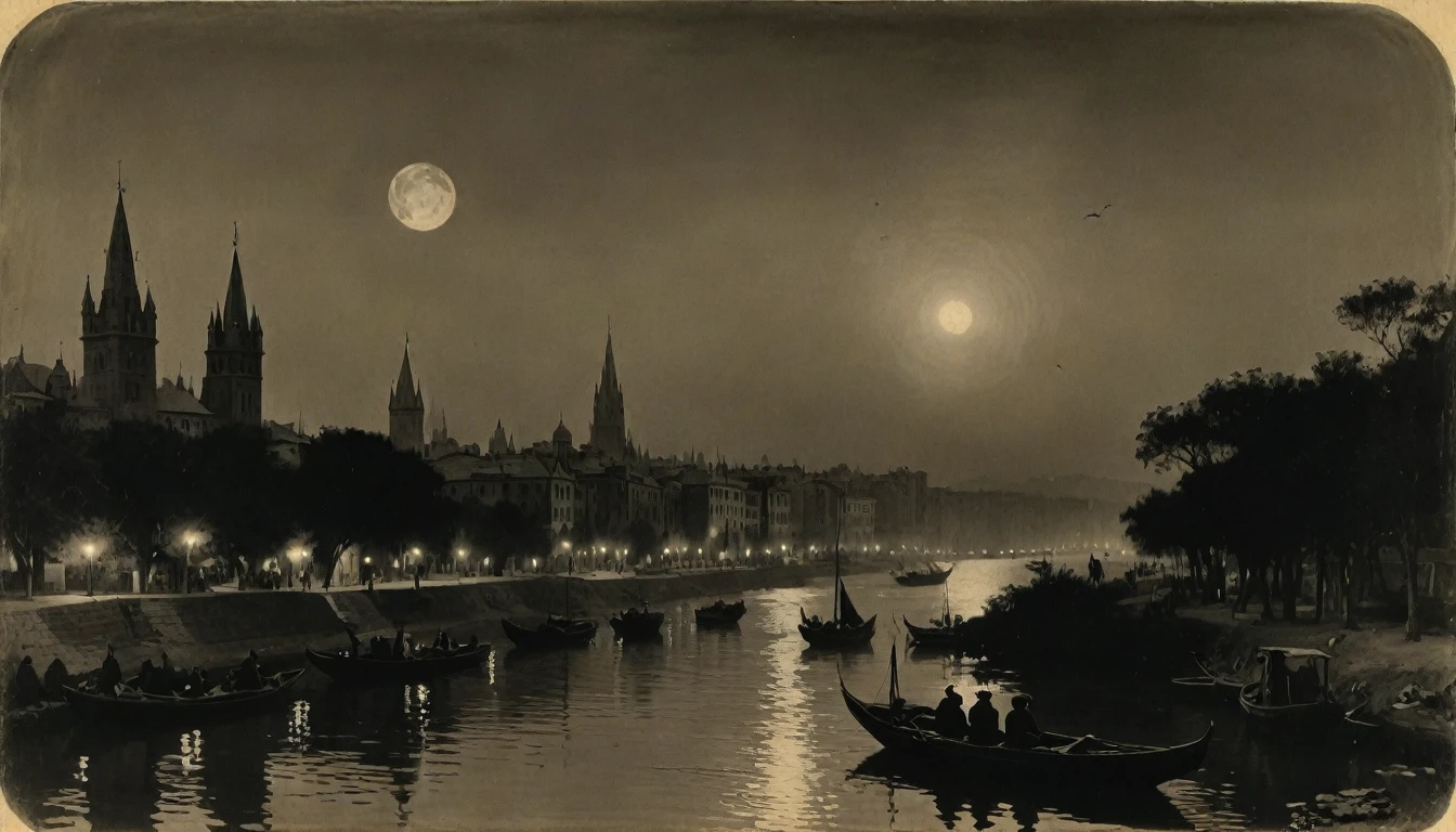 {{monochrome daguerreotype on old paper}}, by, ( by Moebius Jean Giraud), (by James McNeill Whistler), the composition is: (((the distant Dusk view of a high towered metropolis with Byzantine, Mughal and Baroque elements, minarets, bridges made of jewels))), ((there are two moons in the skies, in a river of lurid waters, in a jungle that is tropical, lush, with boats, lanterns and moths flying))