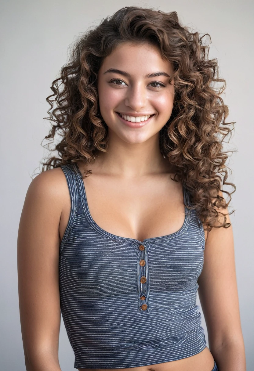 la photographie of a stunning fille métisse, 20 ans, sourire radieux, tank-top, cafsummerria du lycée, enjoy, fille, summer, hot fille, (((imposing chest))), brunette hair, Long_curly hair, regarde la caméra, zoomed out,photo de tout le corps, symmetrical face, photorealistic, spectacular lighting,, magnificent, low-cut, a western film, (head of&#39;artwork), best quality, high resolution, extremely detailed, skin with pores, depth of ﬁeld, Cinematic lighting