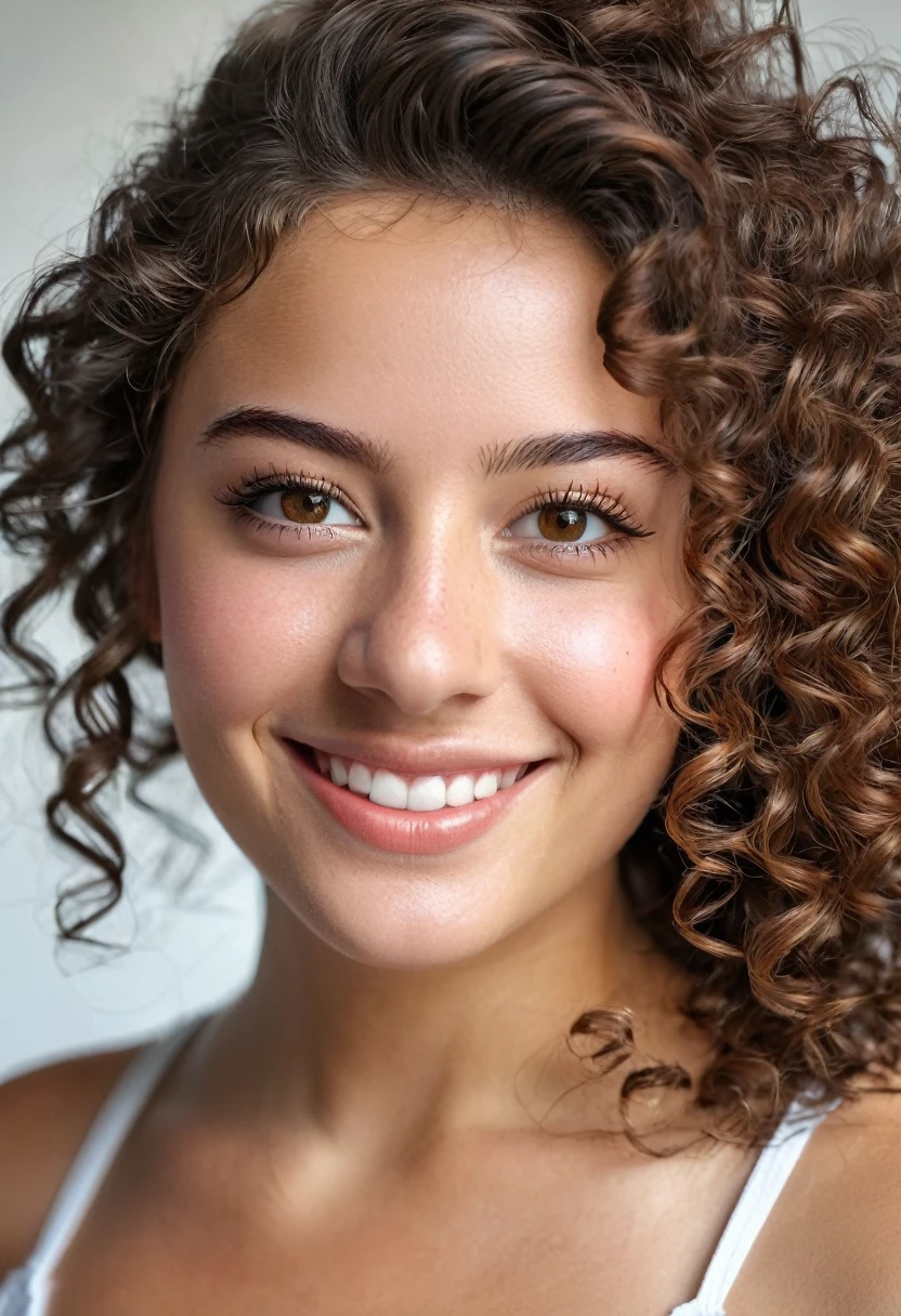 la photographie of a stunning fille métisse, 20 ans, sourire radieux, tank-top, cafsummerria du lycée, enjoy, fille, summer, hot fille, (((imposing chest))), brunette hair, Long_curly hair, regarde la caméra, zoomed out,photo de tout le corps, symmetrical face, photorealistic, spectacular lighting,, magnificent, low-cut, a western film, (head of'artwork), best quality, high resolution, extremely detailed, skin with pores, depth of field, Cinematic lighting