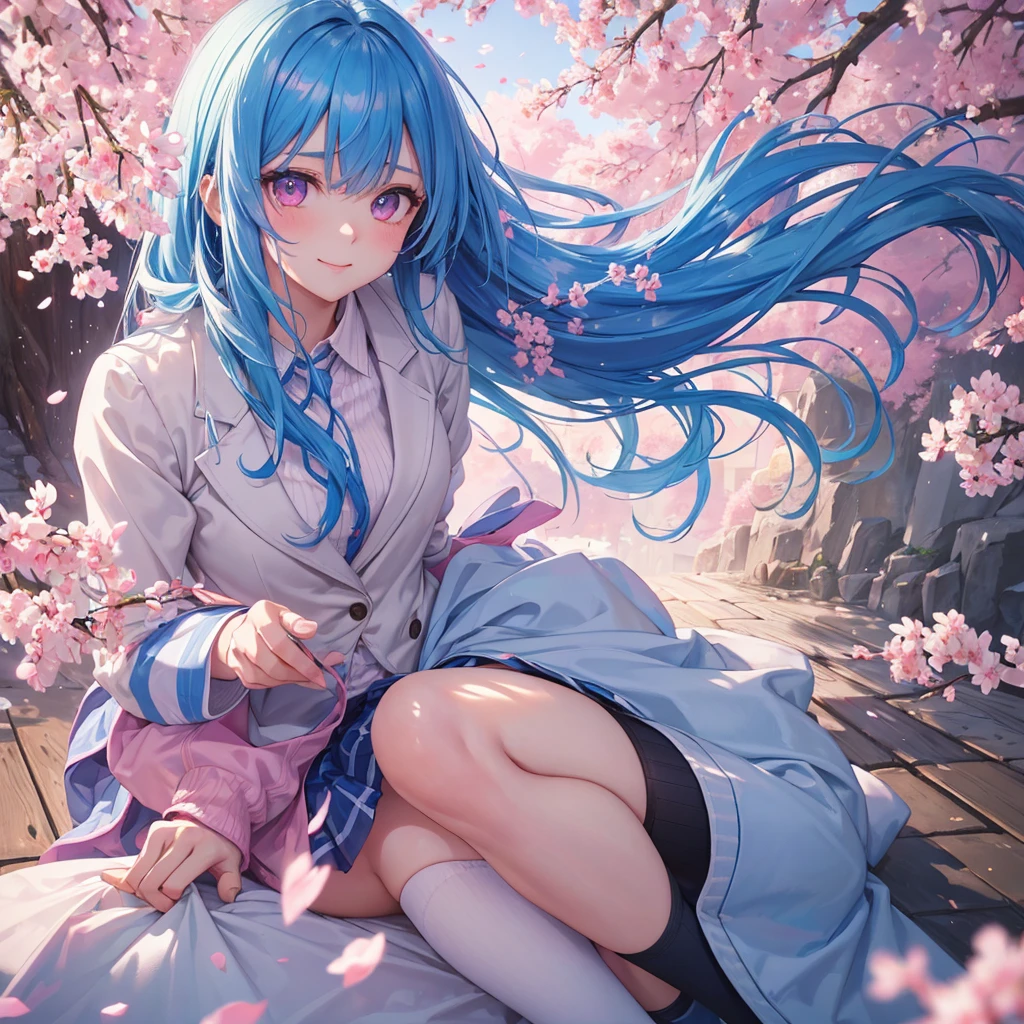 Sky blue hair, Braided Ponytail,(Pink Eyes),Fair skin ,whole body,(1 Girl),Smile,spring, cherry blossoms, Knee-high socks for school, blazer, Straight bangs,(masterpiece, Highest quality, Super detailed, Best Shadow), (Detailed Background), (Beautifully detailed face), High Contrast, (Best lighting, Very delicate and beautiful), ((Cinematic Light)), colorful, Hyper Detail, Dramatic Light, Intricate details,sunshine,Leaning forward,high quality,