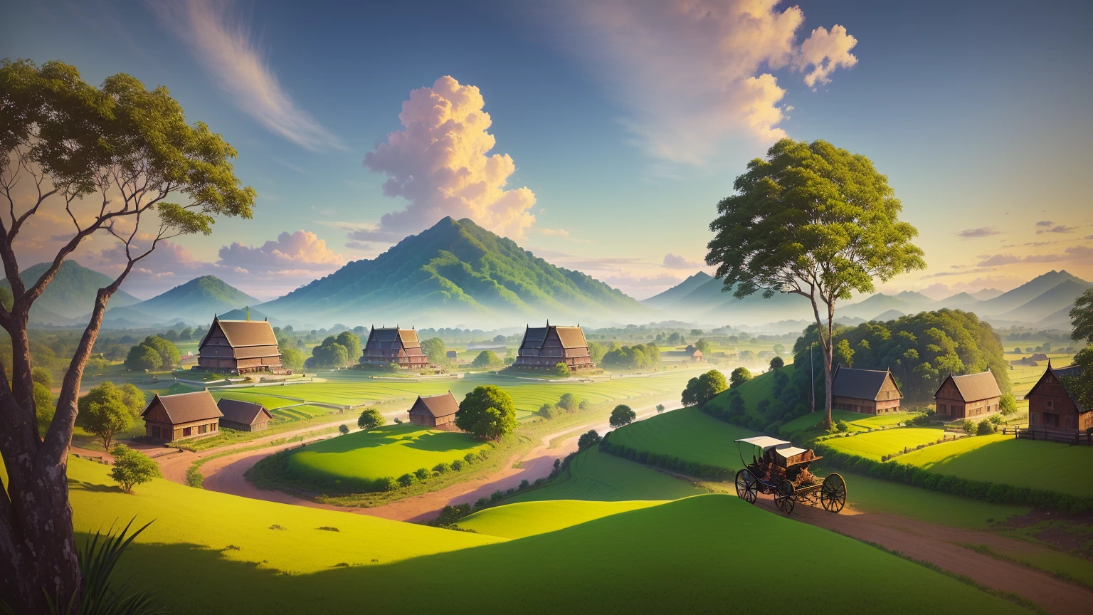 painting of a rural scene with a horse drawn carriage and a village, scenery artwork, beautiful oil matte painting, thailand art, tropical landscape, a beautiful artwork illustration, dream scenery art, rural landscape, landscape painting, landscape art, art work, countryside city scene, kerala village, country landscape, scenery art detailed, 3 d virtual landscape painting, traditional art, gouache matte painting