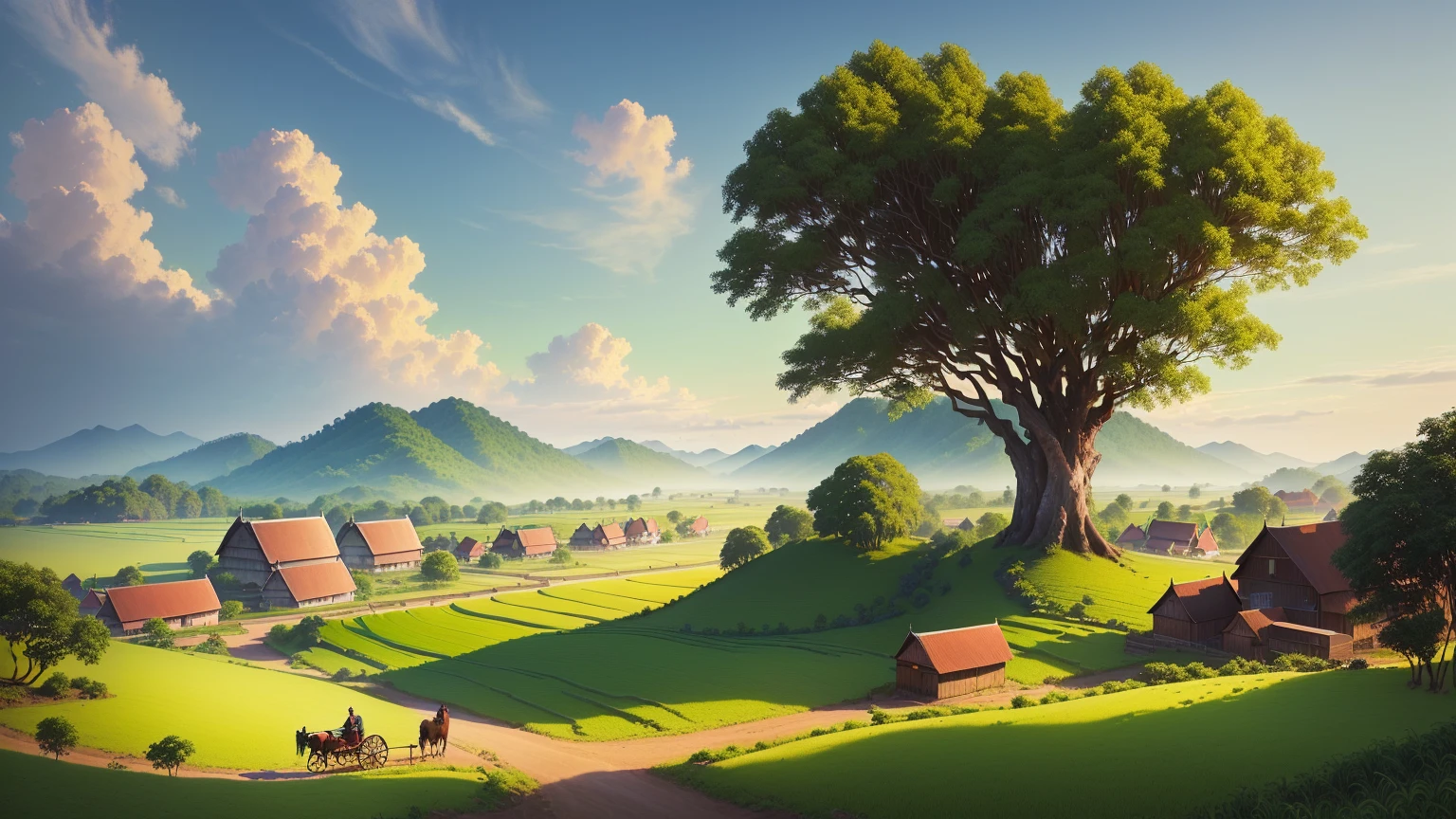 painting of a rural scene with a horse drawn carriage and a village, scenery artwork, beautiful oil matte painting, thailand art, tropical landscape, a beautiful artwork illustration, dream scenery art, rural landscape, landscape painting, landscape art, art work, countryside city scene, kerala village, country landscape, scenery art detailed, 3 d virtual landscape painting, traditional art, gouache matte painting