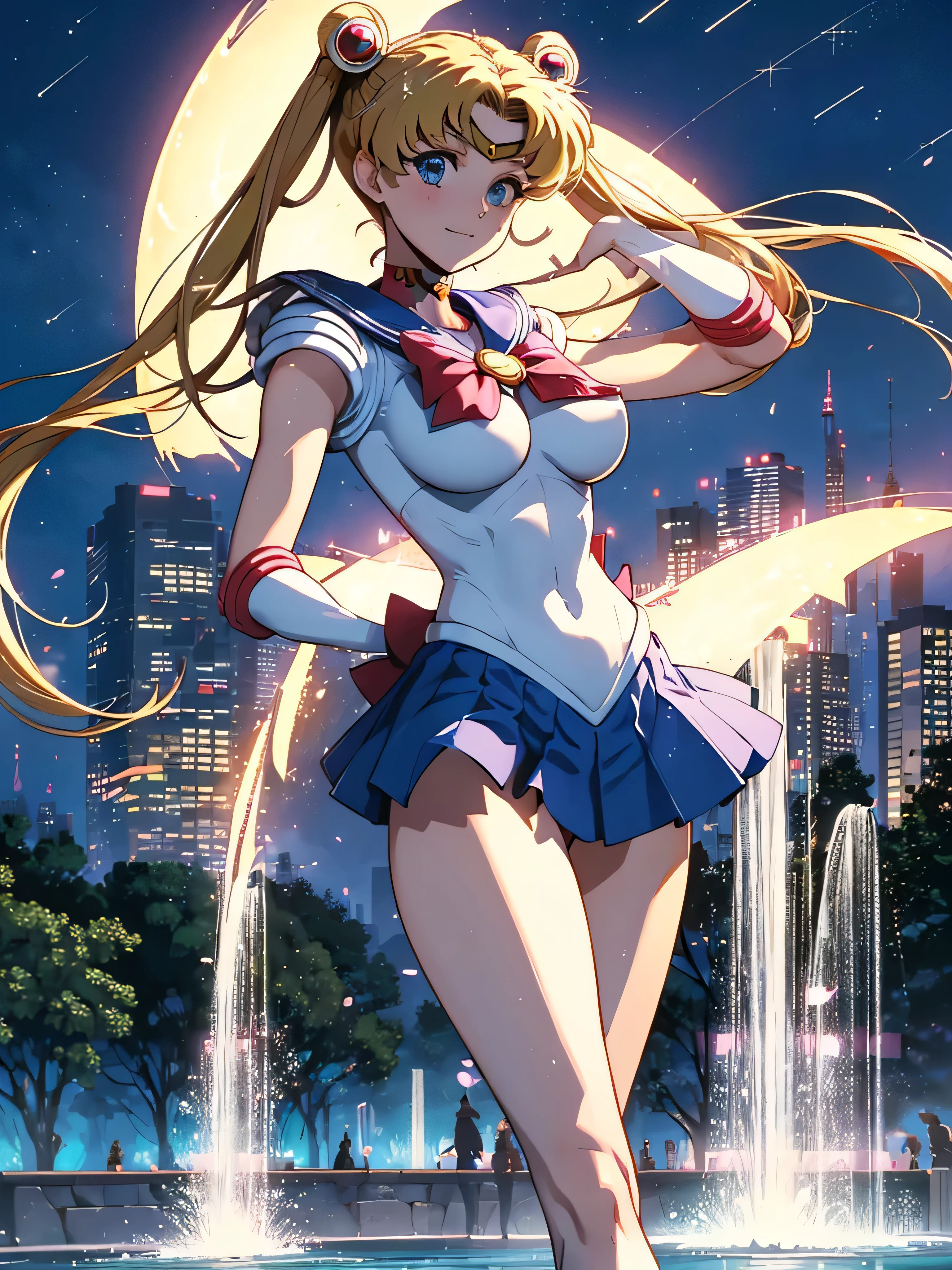 (High quality, 32k anime ultra HD, 1980s /(style/), retro art style, highly detailed, perfect anatomy), ((sailor moon, Tsukino Usagi)), 1 girl, solo, (blonde hair, short hair, pigtails, center parted bangs, hair blowing in the wind), (blue eyes, beautiful, super detailed), slightly open mouth, smiling, cowboy shot, (big boobs:1.3, firm chest, beautiful breasts), thin waist: 1.0, wide hips 1.2, big ass: 1.2, (dancing, fluttering, in the air, legs spread, in front of fountain), looking at viewer, (park background, night, big fountain, lighted street lamp, lamplight), (front view, from below), core_9_up, score_8_up, score_7_up, score_6_up,