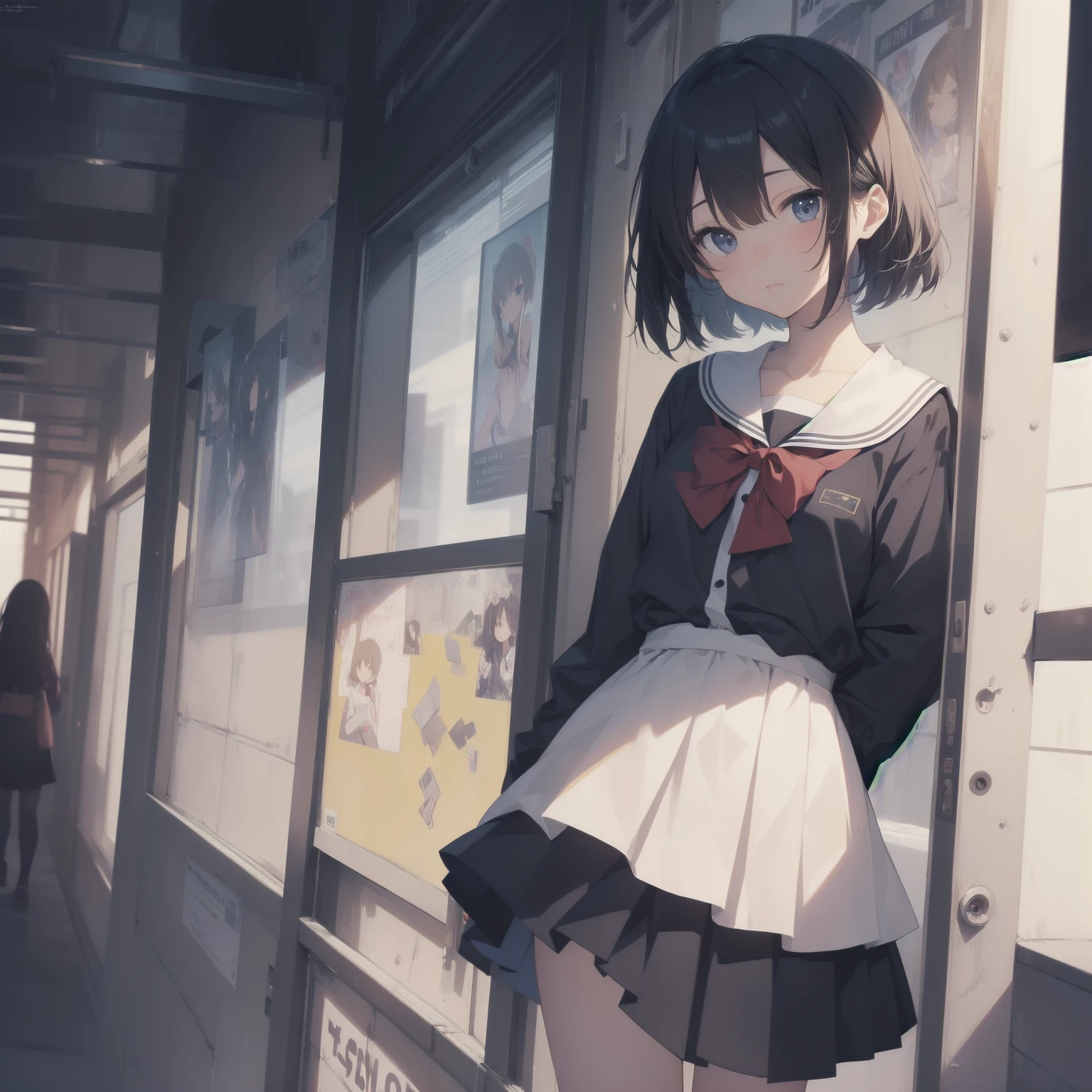 ultra-absurdres-Top quality by artist God, ultra-detailed, high resolution, anime moe artstyle, best anime 8k konachan wallpaper, pixiv contest winner, pool:2810, perfect anatomy,break, 1girl, (Please draw a girl walking sleepily to school alone. )break,(Solo,little female, 13-year-old:1.3),Full limbs, complete fingers,a junior high school student, (very short hair), short cut, flat chest, , small butt, small black eyes, beautiful detailed eyes, well-proportioned iris and pupils, expressive eyes, highres detailed hair, soft expression, salor school_uniform, sailor collar, serahuku, bow, pleated skirt,(Detailed Lighting), (Detailed background), in the School commute route. break,super detailed skin, Best cinematic lighting powered by famous artist, 8k,beauty illustration,photoshop_(medium),very aesthetic,break,((artist:toosaka_asagi )), artist:clamp ,artist:carnelian ,artist:kantoku ,