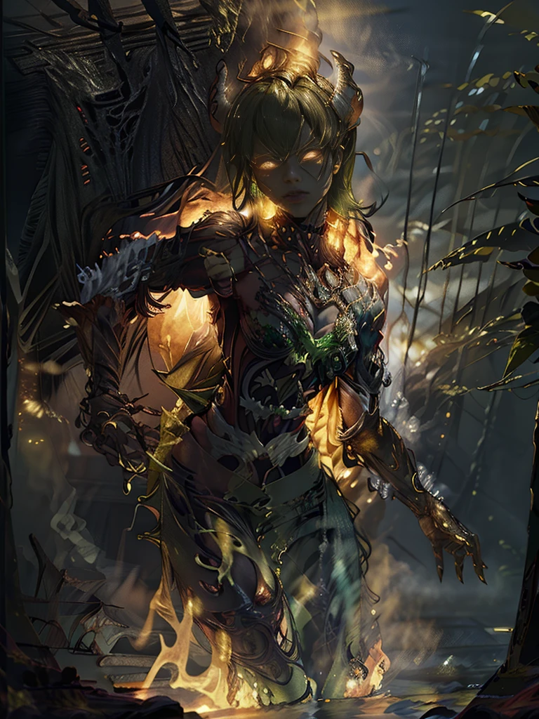 8k, ultra detailed, master part, Best Quality, (extremely detailed), Arafed, arte dnd, panoramic view, whole body, MFBP1, Sorceress Aasimar casting a green flaming spell, monster, (First work 1.3, intense green details), monster, snake, green Flaming Spell Casting (First work 1.3, intense details) big demon smoke wings, green demon smoke wings open (First work 1.3, intense details), magic fantasy green background (First work 1.5, intense details), stars, cloud, wearing a dark green cover, fluid coat (First work 1.3, intense details), high jump boots (First work 1.3, intense details), armed with personnel, green hair, green eyes, intense eyes, monster, Ultra detailed face, (First work 1.5, Best Quality), anatomically correct (First work 1.3, intense details), determined face, Divine green light, cinematic lighting, Luz outfit, silhouette, Photorealism, panoramic view (First work 1.3, intense details) , wide angle, Angular ultragrande, 8k, high, Best Quality, High details