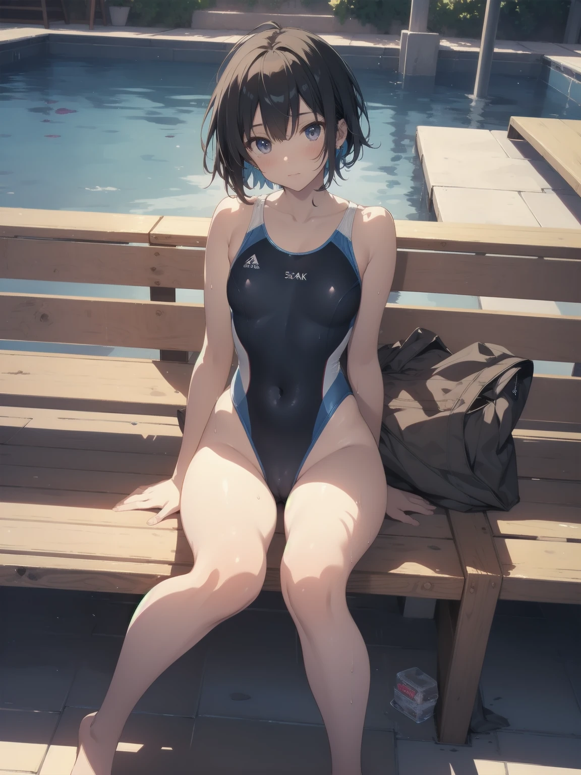 ultra-Top-quality by art God, ultra-detailed, high resolution, shinkai makoto style, anime moe artstyle, best anime 8k konachan wallpaper, pixiv contest winner, perfect anatomy, break,(Please draw a picture of a girl in a swimsuit sitting masturbation on a bench by the poolside alone.),break, a hyperrealistic school girl, (Solo,lolita, , 13-ar-1.3),l limbs, complete fingers, androgynous charm, (very short hair), wet hair, small breasts,slender body, Small butt, groin, Small black eyes,hanme,beautiful detailed eyes, well-proportioned iris and pupils, sleepy eyes, highres detailed hair, swimsuit, wet swimsuit, bare shoulders, thighs, pussy juice, masturbation, in the school pool. break,super detailed skin, shiny skin, Best lighting powered by famous artist, 8k, illustration,UHD, textured skin,break,((artist:toosaka_asagi )), artist:clamp ,artist:carnelian ,artist:kantoku ,