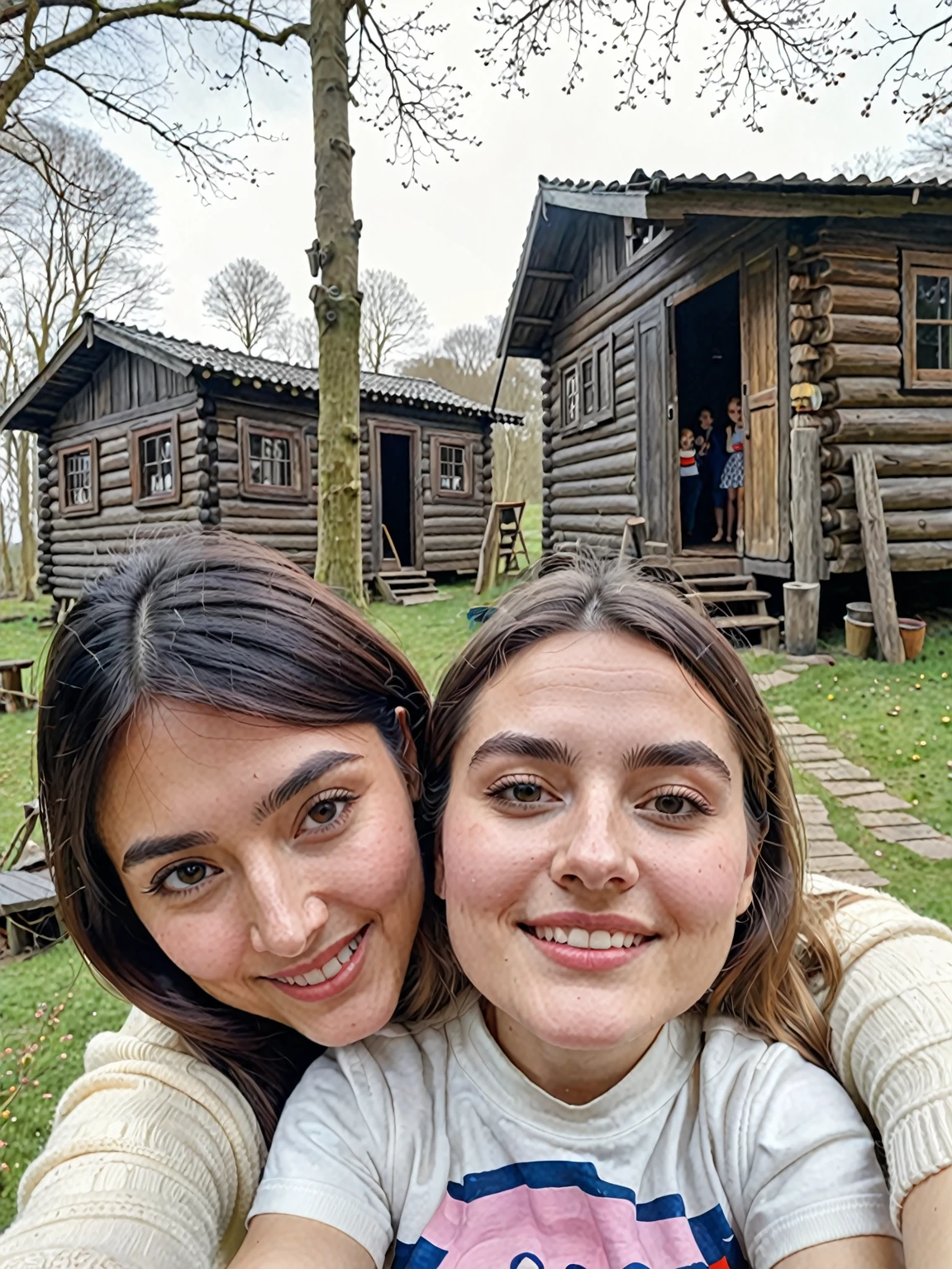 There is a 29-year-old woman with her daughter taking a selfie, behind it there are two cabins, (classic painting:1.4) super detailed, look for the best painter of paintings