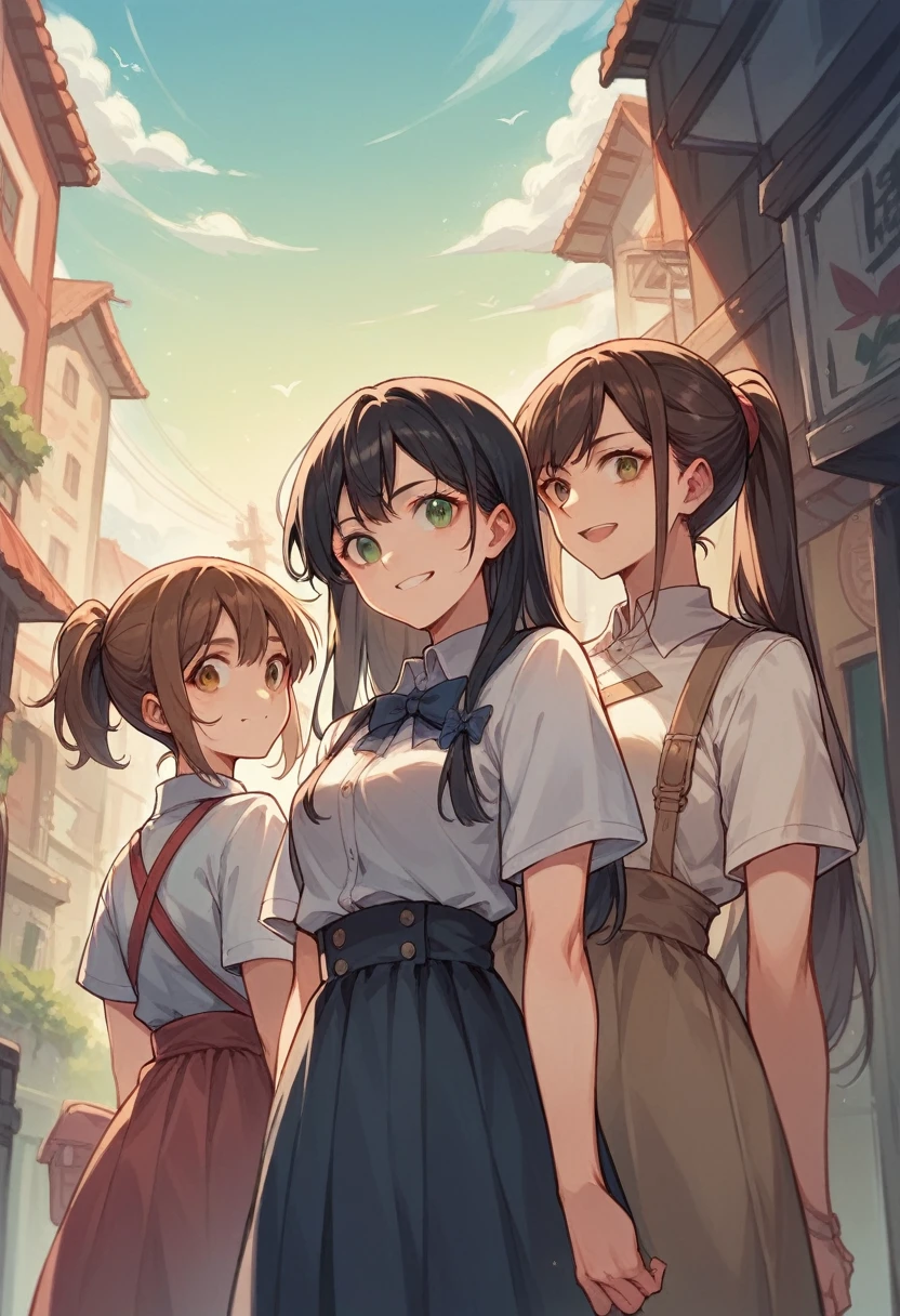 Anime 3 girls, the first is her black hair and her eye is short purple, the 2nd is her brown hair (only her) Linda smiling and her brown eyes 3 her long hair tied with ponytail( red her hair) and his green eyes (Masterpiece) anime