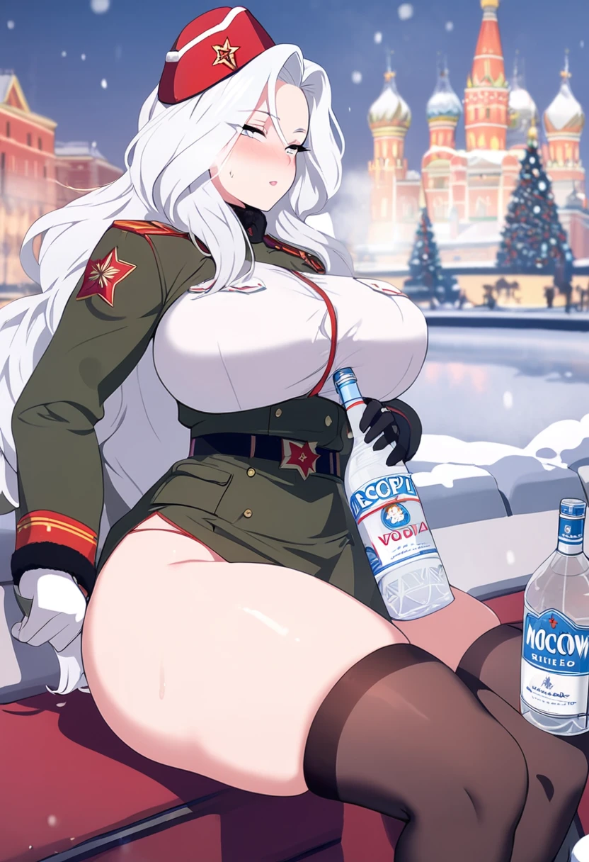 young woman, Soviet soldier, thick thighs, lush breasts, Long white hair, Moscow, winter, a bottle of vodka, 