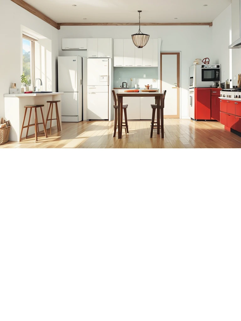 A kitchen white cabinets a wooden table and a wooden chair a silver stove with red buttons a white refrigerator and a window with daylight fantastic art 8k ultra realistic