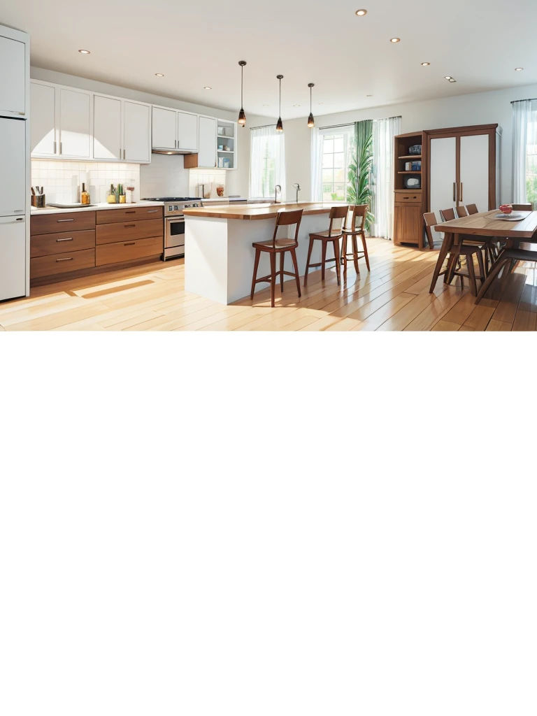 A kitchen white cabinets a wooden table and a wooden chair a silver stove with red buttons a white refrigerator and a window with daylight fantastic art 8k ultra realistic
