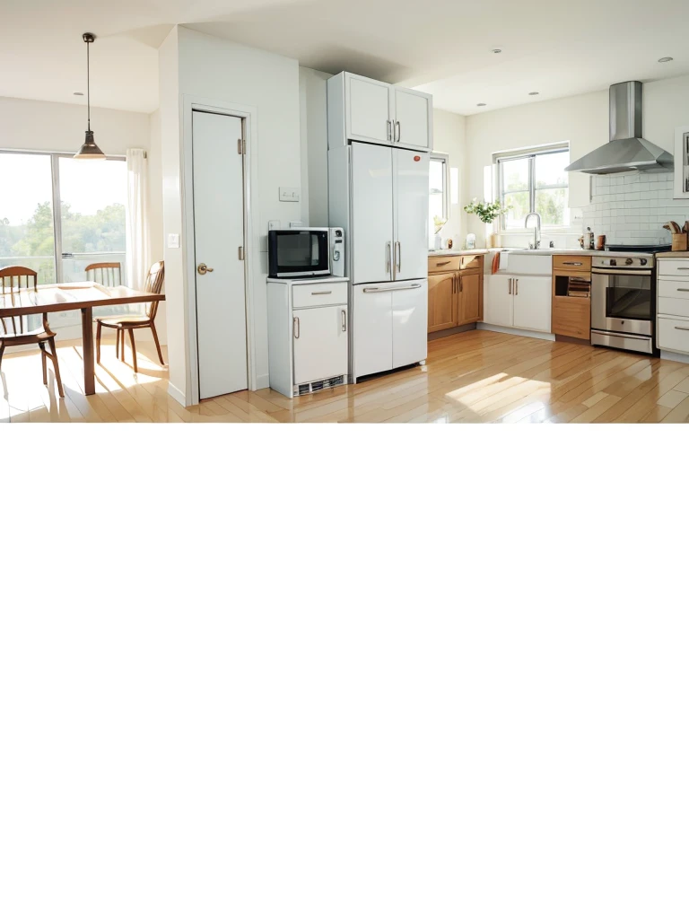 A kitchen white cabinets a wooden table and a wooden chair a silver stove with red buttons a white refrigerator and a window with daylight fantastic art 8k ultra realistic