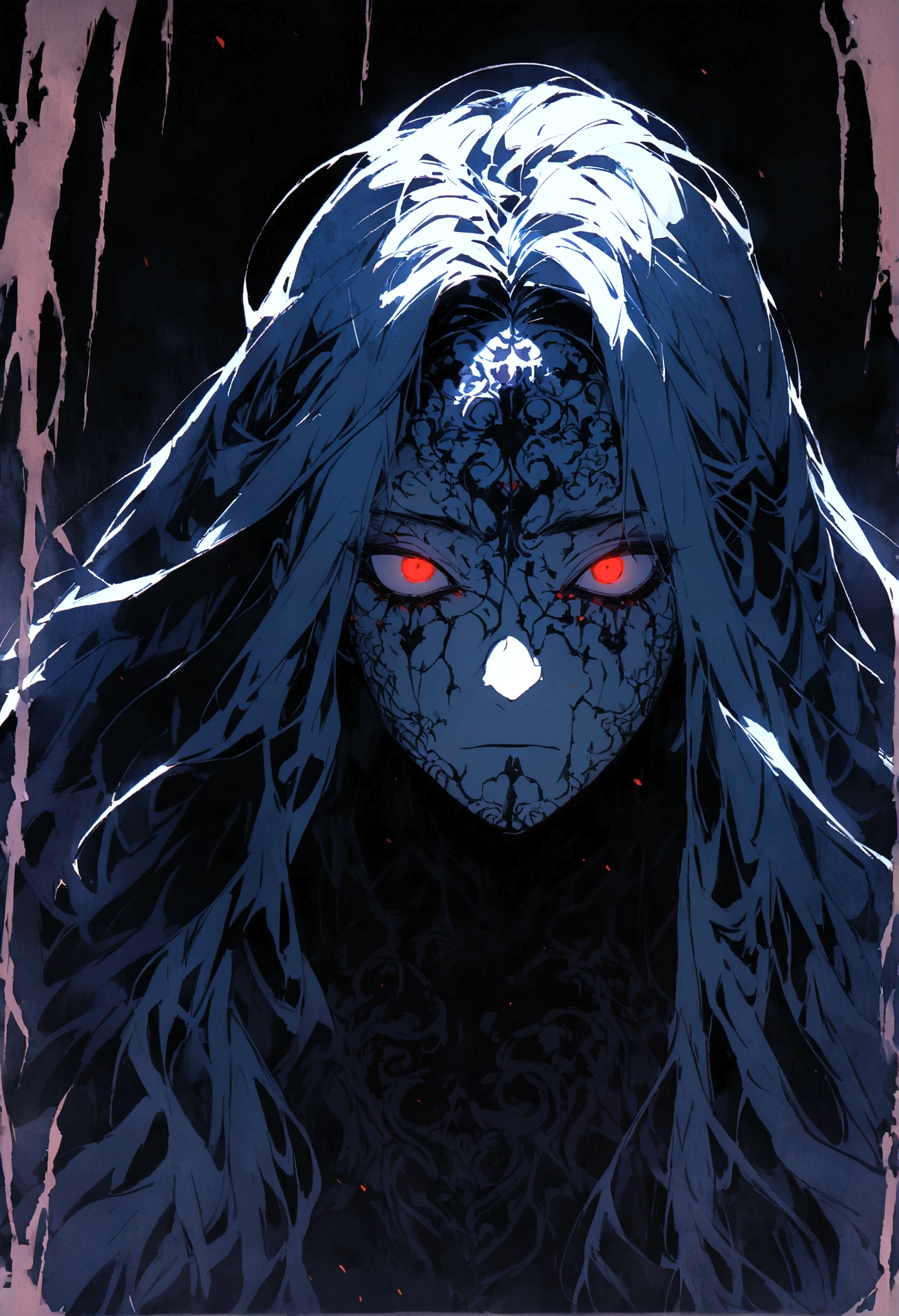 face of a samurai with dark and mysterious background, 1 men, macabre traits, scary expression, dramatic lighting, intricate details, dark texture, intense cold colors, long hair, beautiful face, アニメ, detailedeyes.