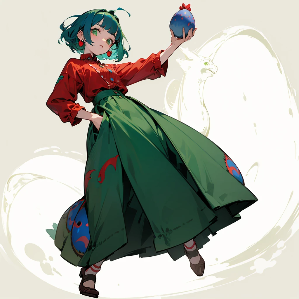 One , full body version, Grassroots background, blue hair, wavy bob hairstyle, green eyes, red cheeks, red earrings, flat facial expression, vintage clothing style, color clothes is more brown, dinosaur egg in his hand