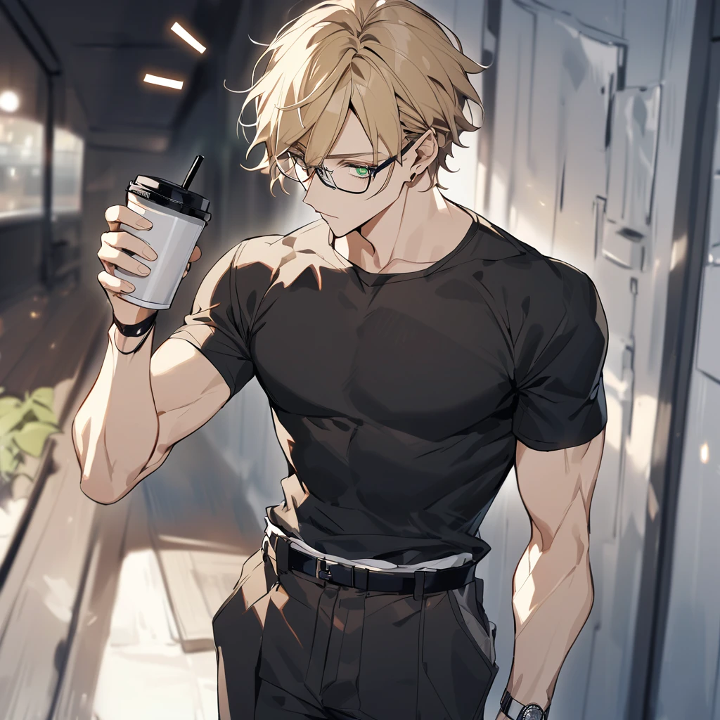 A beautiful young man, sunflower blonde hair, green eyes, snow white skin, slightly muscular, wears a black short-sleeved t-shirt with a round neck, along with glasses. The pants are light beige and are fastened with a black belt. On the left wrist, notice a silver watch. The right hand holds what appears to be a cup or container with a lid.