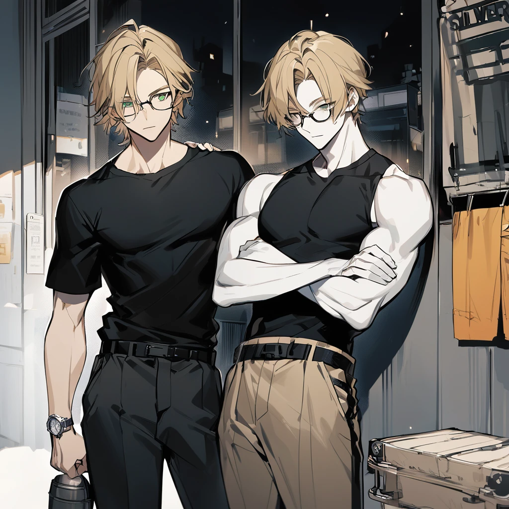 A beautiful young man, sunflower blonde hair, green eyes, snow white skin, slightly muscular, wears a black short-sleeved t-shirt with a round neck, along with glasses. The pants are light beige and are fastened with a black belt. On the left wrist, notice a silver watch. The right hand holds what appears to be a cup or container with a lid.