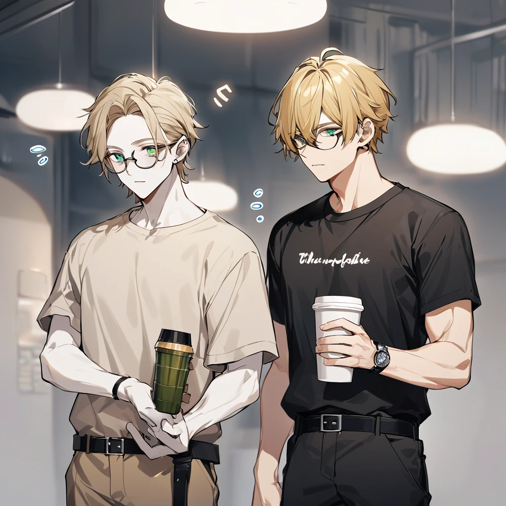 A beautiful young man, sunflower blonde hair, green eyes, snow white skin, slightly muscular, wears a black short-sleeved t-shirt with a round neck, along with glasses. The pants are light beige and are fastened with a black belt. On the left wrist, notice a silver watch. The right hand holds what appears to be a cup or container with a lid.