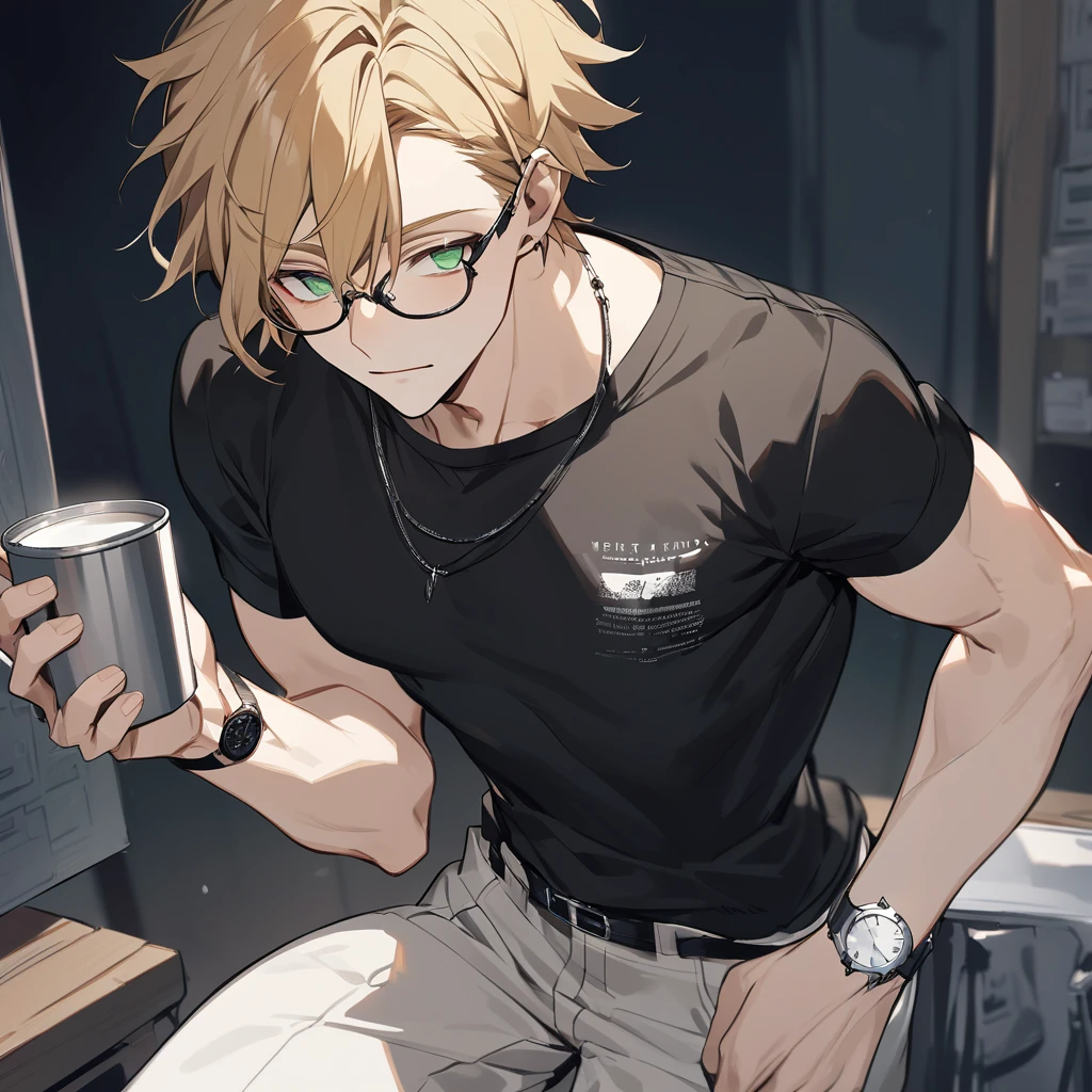 A beautiful young man, sunflower blonde hair, green eyes, snow white skin, slightly muscular, wears a black short-sleeved t-shirt with a round neck, along with glasses. The pants are light beige and are fastened with a black belt. On the left wrist, notice a silver watch. The right hand holds what appears to be a cup or container with a lid.