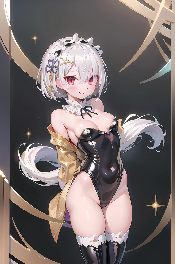 (1girl,solo),cowboy shot,standing,(white hair:1.6),(short hair:1.2),hair over one eye, hair ribbon, x hair ornament,(red eyes:1.4),(beautiful fingers:1.4),(perfect anatomy:1.6),(arms_behind_back:1.6),(cold_shoulder:1.2),BREAK,(gold kimono:1.7),(silk lace glossy lamé:1.4),(latex luster shiny glossy:1.6),(shiny_clothes:1.6),small breasts,beautiful breasts,(thin thighs:1.6),(gold thigh boots:1.4),(masterpiece),best quality,(Ultra high definition eyes:1.2),8k,(Beautiful detailed eyes:1.2),(Fine and beautiful eyes:1.2),(pretty eyes:1.2),finely detail,extremely CG, absurdres,high resolution,illustration,Detailed and beautiful outlines,finely detail,high resolution,(colorful refraction:1.4,Increase saturation:1.2),beautiful lighting,dynamic lighting,closed room,black background,simple background, smile,looking at viewer,ram1,ram \(re:zero\), white thighhighs, maid headdress, garter straps, black ribbon, long sleeves, neck ribbon, purple ribbon,(gold leotard)