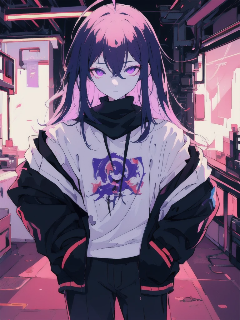 ((masterpiece)), (best quality), ((highres)), 4K, Detailed, (Ambient Light, Digital Art, Soft Lighting, extremely detailed 8K wallpaper:1.2), BREAK 1girl, solo, pale skin, violet eyes, violet hair, ahoge, (absurdly long hair:1.1), flat chest, cyberpunk scenery, black jacket, pants, shirt, night, hand in pocket, looking at viewer, hair between eyes, expressionless, rtx, neon light, black medical mask