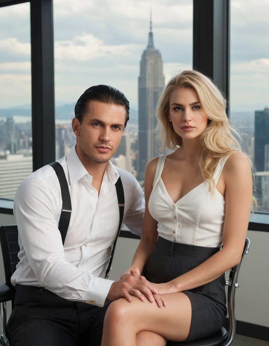 a rugged man with medium-length black hair sits in an office chair, he is dressed in trousers and a white shirt with suspenders, looking confident and serious, a beautiful blonde woman with long hair sits on his lap and looks at him seductively, she is wearing an elegant dress and looks sexy, the background shows a cityscape outside the window, the picture is rendered in a realistic style, realism pushed to extreme, fine texture, incredibly lifelike, full HD