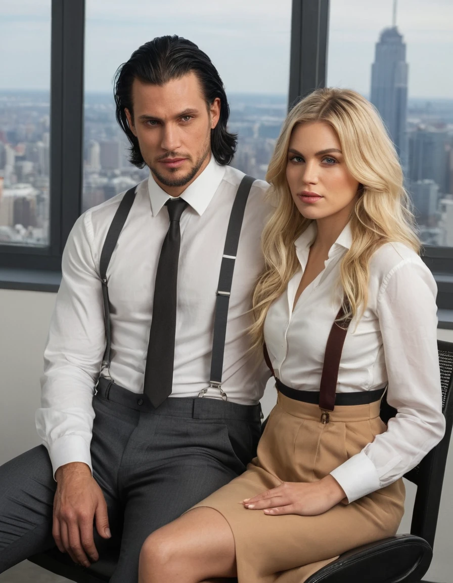 a rugged man with medium-length black hair sits in an office chair, he is dressed in trousers and a white shirt with suspenders, looking confident and serious, a beautiful blonde woman with long hair sits on his lap and looks at him seductively, she is wearing an elegant dress and looks sexy, the background shows a cityscape outside the window, the picture is rendered in a realistic style, realism pushed to extreme, fine texture, incredibly lifelike, full HD