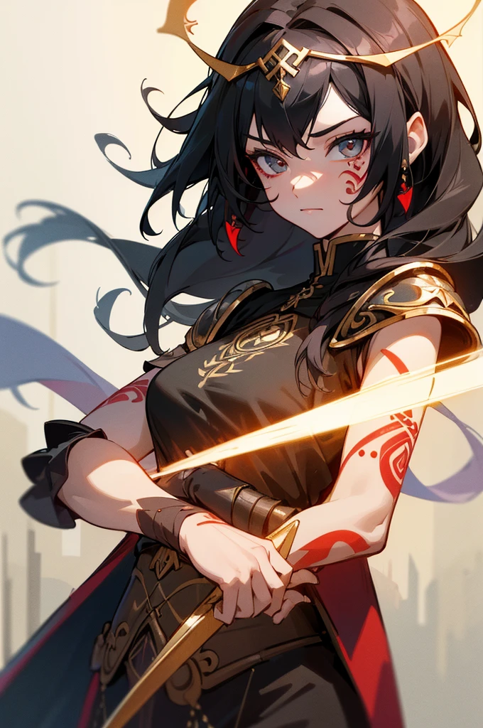 (best quality,4k,8k,highres,masterpiece:1.2),ultra-detailed,,1 woman,((rune tattoos)),red and black hair,princess knight pants and gown dress,circlet,fantasy,armor, in the street, upper body only