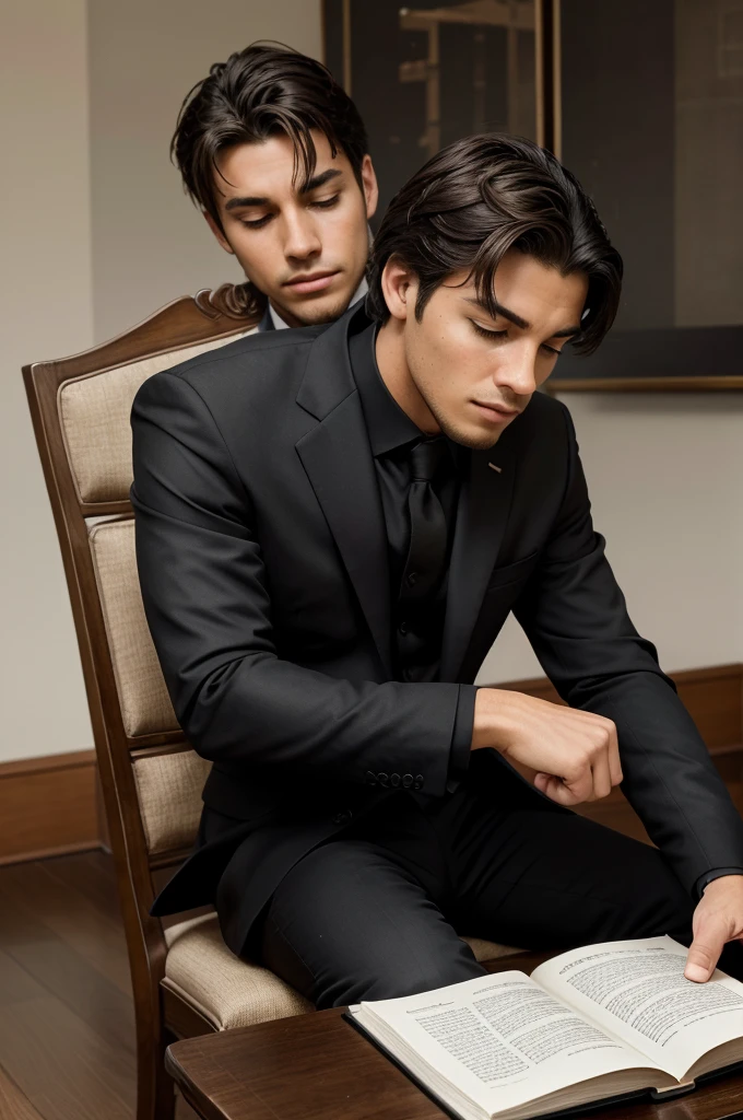 Create an scene featuring a young man with six hands and three heads. The first two hands rest on a table, while the remaining hands hold a book, a pen, and a pencil. The man's first head looks intently at the table, while the eyes of his other two heads are closed. He is seated on a chair, dressed in a sleek black suit.