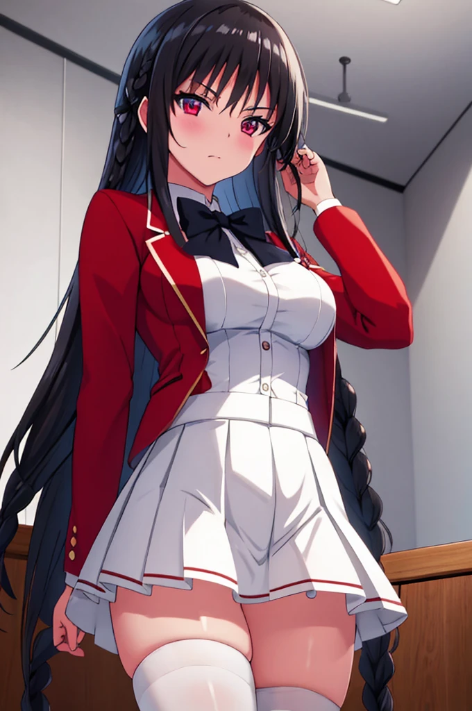 (masterpiece:1.3), (best quality:1.1), (8k, ultra detailed, ultra high res:1.2), (anime style), perfect 5 fingers, perfect anatomy, arms behind back, 
1girl,
Suzune Horikita, 
Suzune Horikita \(youjitsu\),
BREAK long hair, braid, 
black hair, 
red eyes, (focus detailed eyes:1.2), 
blue bow, 
(medium breasts:0.9), 
BREAK (buttoned red jacket:1.2), long sleeves, white skirt, pleated skirt, (black thigh-high socks:1.2), 
looking at viewer, 
cowboy shot, 
perfect light, indoor, class room, 