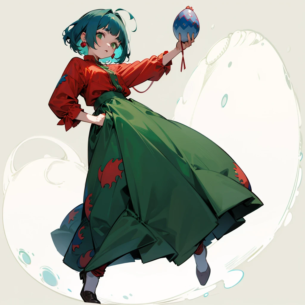 One , full body version, Grassroots background, blue hair, wavy bob hairstyle, green eyes, red cheeks, red earrings, flat facial expression, vintage clothing style, color clothes is more brown, dinosaur egg in his hand