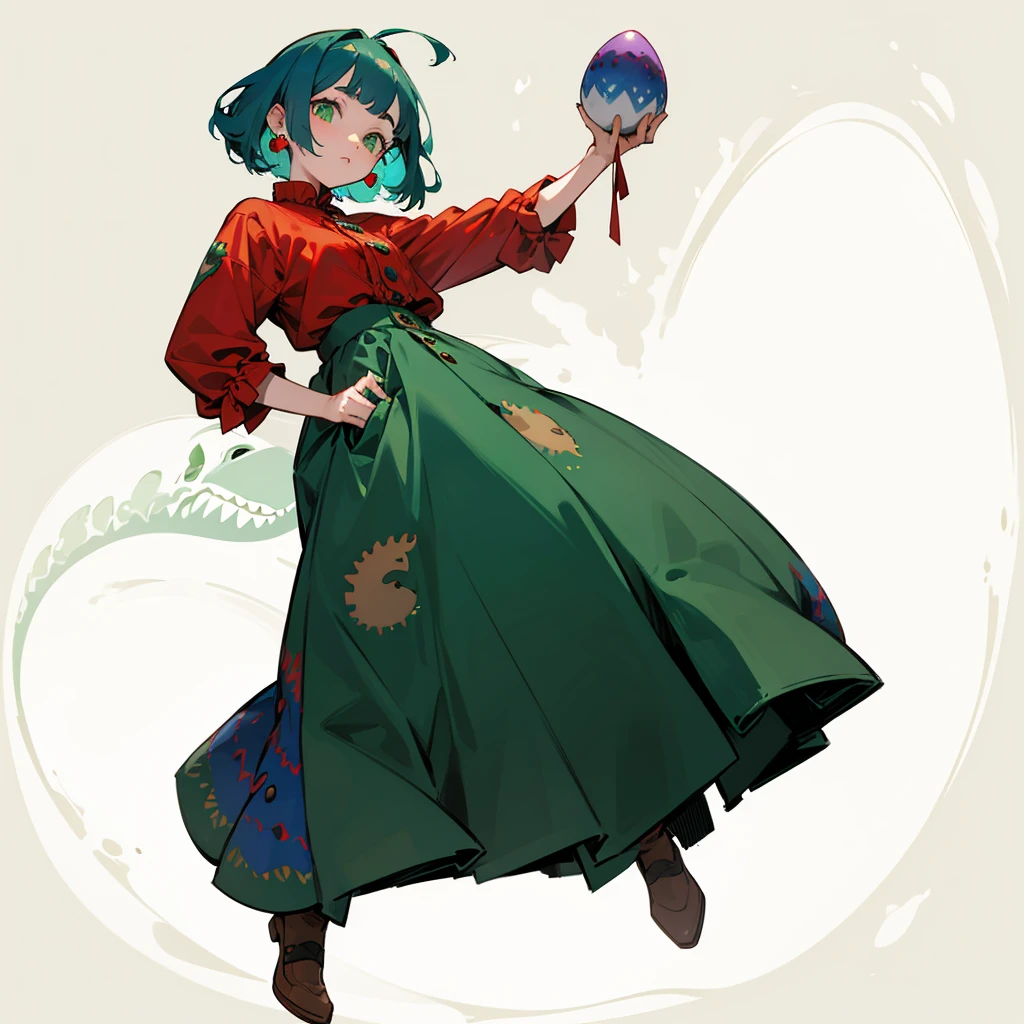One , full body version, Grassroots background, blue hair, wavy bob hairstyle, green eyes, red cheeks, red earrings, flat facial expression, vintage clothing style, color clothes is more brown, dinosaur egg in his hand