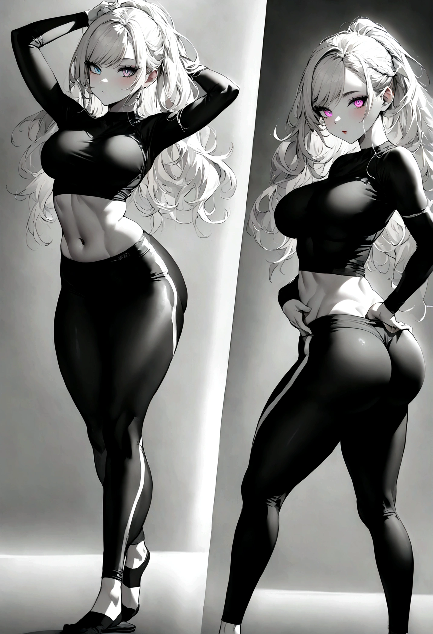 Create a hyper detailed photograph of a hrgiger tattooed young sexy women, Stunningly perfect gorgeous face, perfect makeup, detailed vibrant eyes, platinum blonde dutch hair, detailed beautiful legs, detailed beautiful arms, yoga outfit, detailed smooth skin, firm round breast, firm round ass, no color black and gray only,