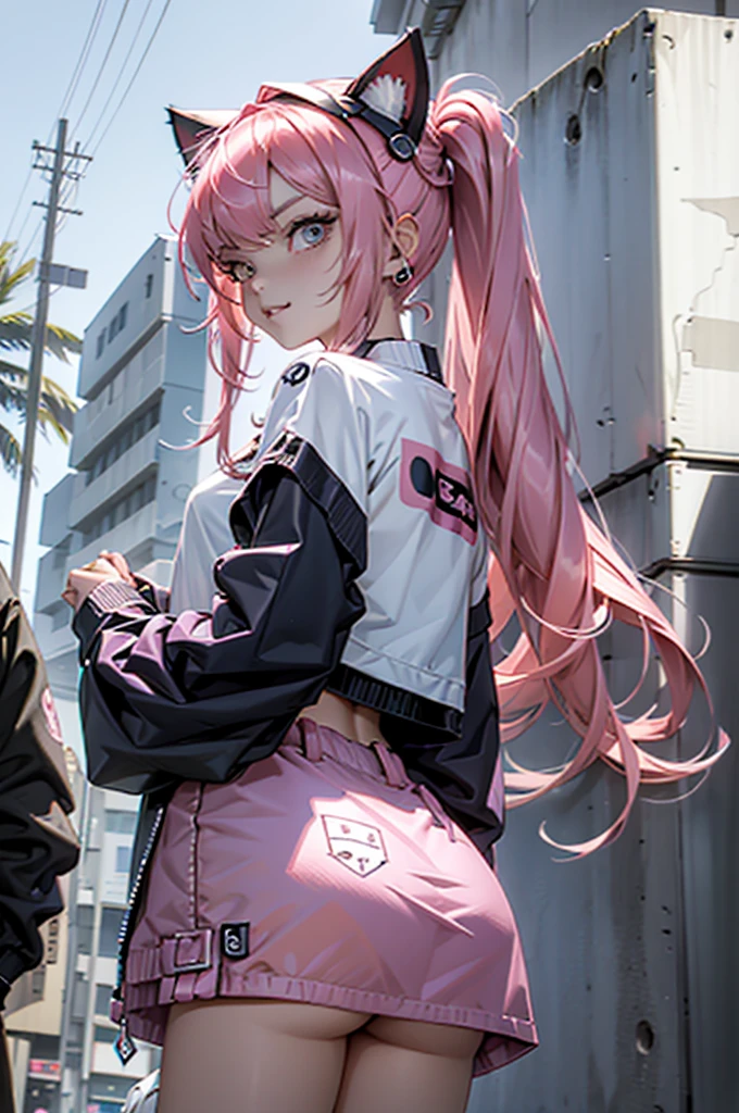 Beautiful woman pink twin tail long hair、short clothes in cyberpunk style、Put on cat ears、Glaring at the Viewer、facing forward、A slight smile、beach、palm trees