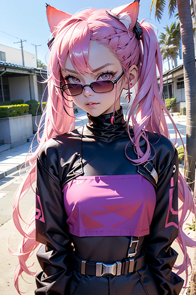 Beautiful woman pink twin tail long hair、short clothes in cyberpunk style、Put on cat ears、Glaring at the Viewer、facing forward、A slight smile、beach、palm trees