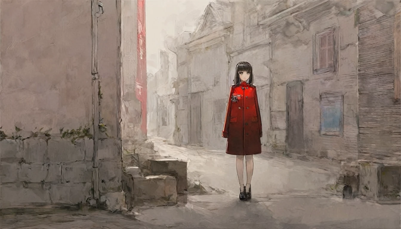 Woman in red coat。Are standing。I'm staring at this