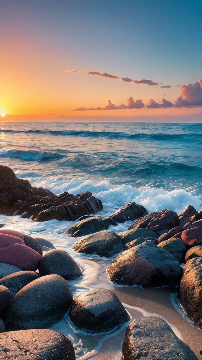 Close-up of a beach with a bunch of rocks and a sunset, coastal, Gentle colors, Magical Beach, Beach Scenery, Seagrass, beautiful sea landscapes, Rocky beaches, Beautiful beaches, Breathtaking colors, Sunrise colors, breath-taking Beautiful beaches, Colorful scenes, HDR Color, Beautiful iPhone Wallpapers, Calm and bright colors, Awesome Screensaver, Sea view, HDR photo